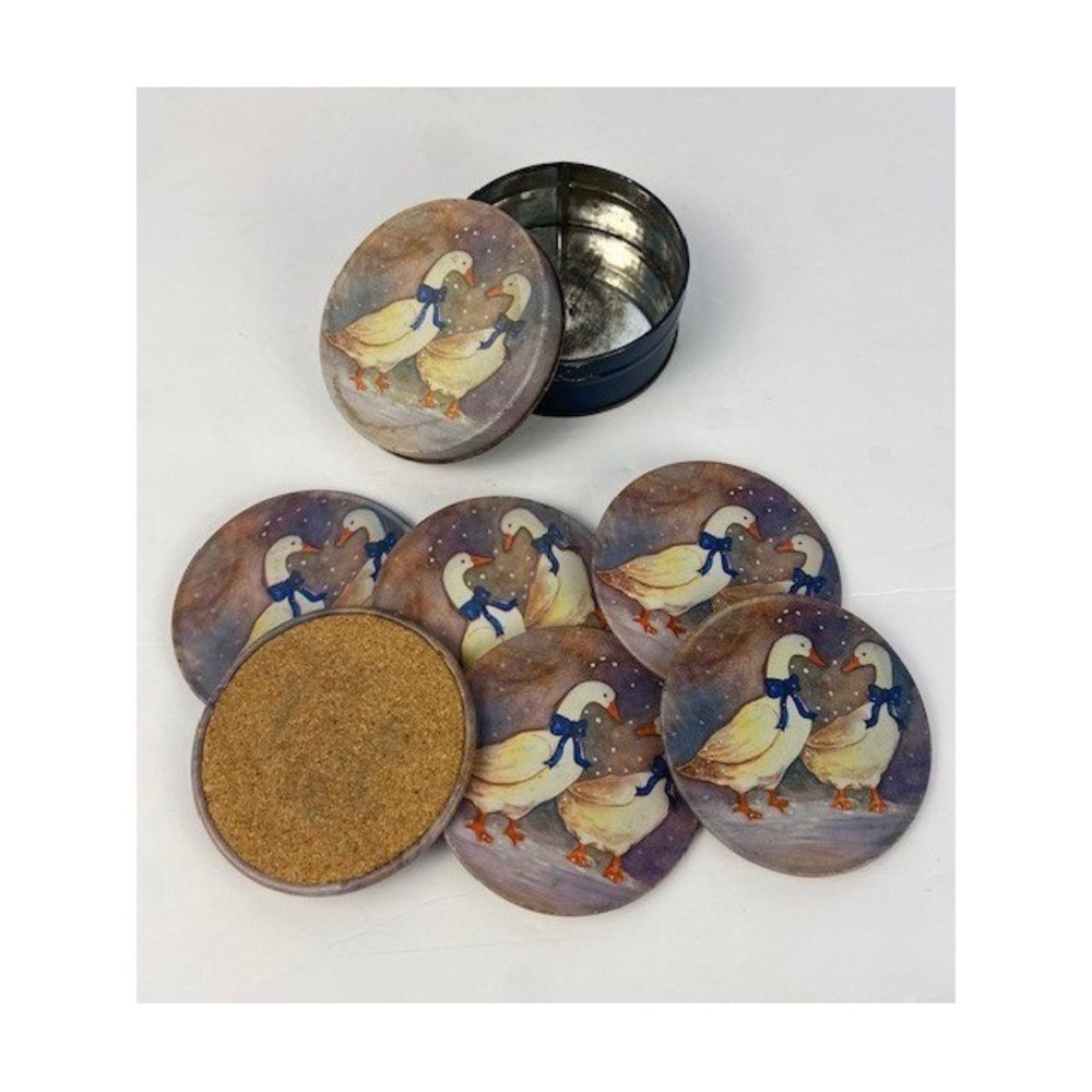 Vintage Goose Coaster Set with Storage Tin 6 Piece Cork Backed Country Farmhouse